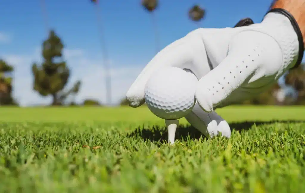 golf glove placing a ball on the tee.
